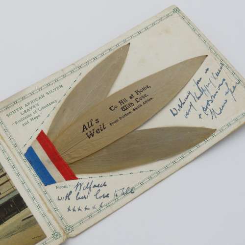 Antique souvenir card from Durban with Ricksha Puller, Grey street, street view and silver leaves