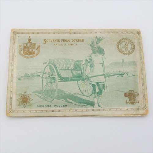 Antique souvenir card from Durban with Ricksha Puller, Grey street, street view and silver leaves