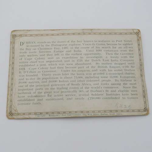 Antique souvenir card from Durban with Ricksha Puller, Grey street, street view and silver leaves
