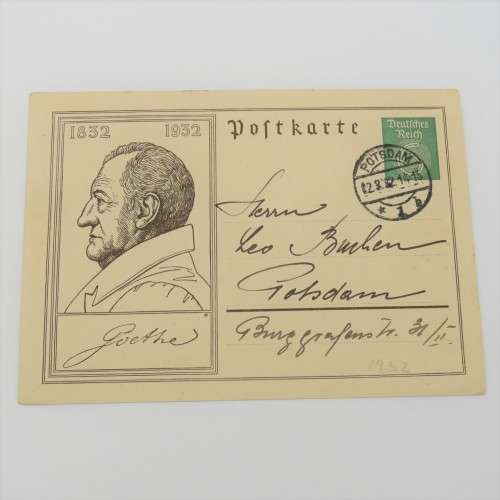 1932 Postcard with pre-printed Deutsches Reich stamp - Goethe Centenary 1932 - Posted in Potsdam