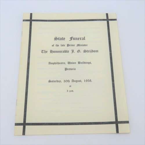 1958 State Funeral Programme booklet of the late Prime Minister J.G Strijdom