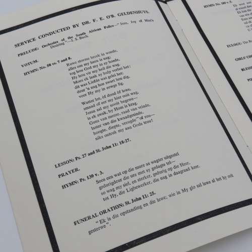 1958 State Funeral Programme booklet of the late Prime Minister J.G Strijdom