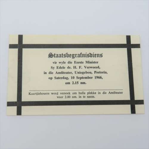 1966 Dr H.F Verwoerd State funeral admission ticket