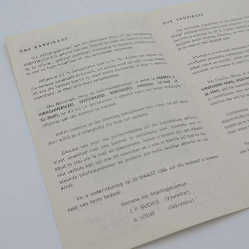 1966 National Party candidate booklet for Brentwood - Dr W.L Vosloo