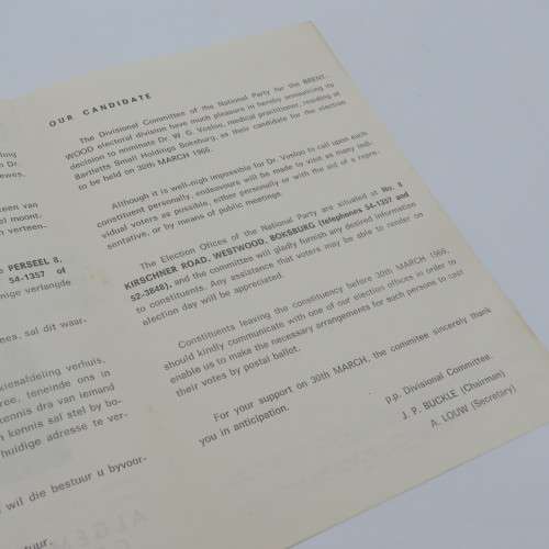 1966 National Party candidate booklet for Brentwood - Dr W.L Vosloo