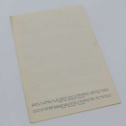 1966 National Party candidate booklet for Brentwood - Dr W.L Vosloo