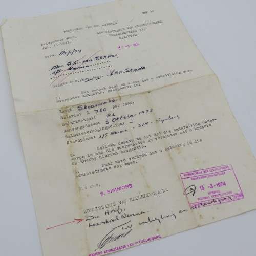 Aanstellingsbrief deur die Administrasie van Kleurlingsake in 1972
