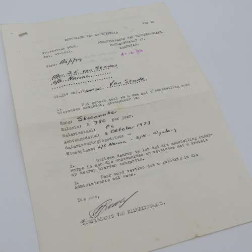 Aanstellingsbrief deur die Administrasie van Kleurlingsake in 1972