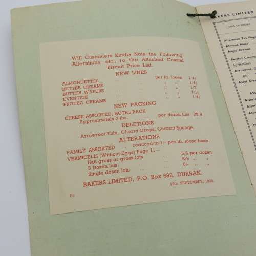 March 1938 Bakers Limited Biscuit price list