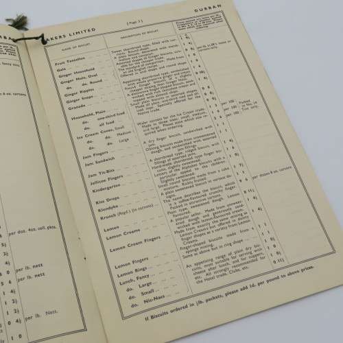 March 1938 Bakers Limited Biscuit price list