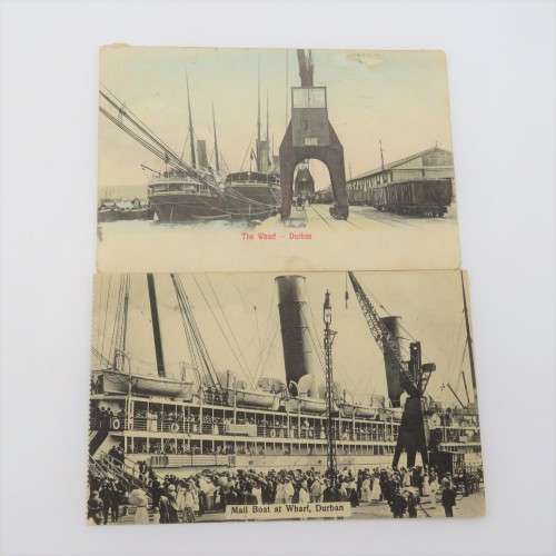 Pair of antique postcards with pictures of Durban wharf (Waterfront) with ships