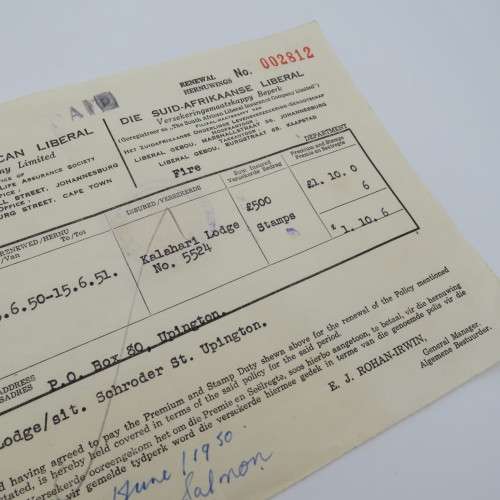1950 Insurance Certificate for the Kalahari Lodge in Upington