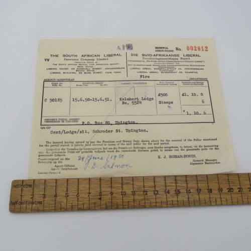 1950 Insurance Certificate for the Kalahari Lodge in Upington