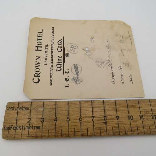 Tokens 1903 Crown Hotel wine card I.O.U for 2 shillings 9 pence