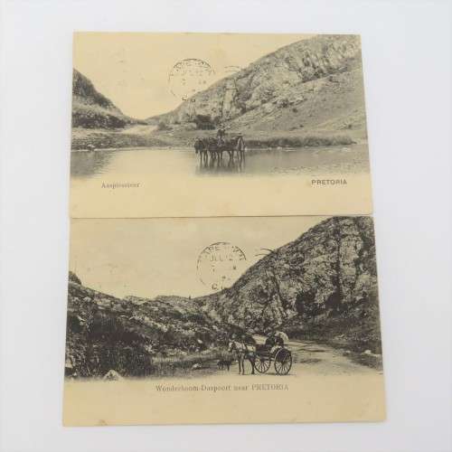 2 Similar Pretoria antique postcards Horsecarts at Daspoort and Aaspiesrivier (Wrong spelling)