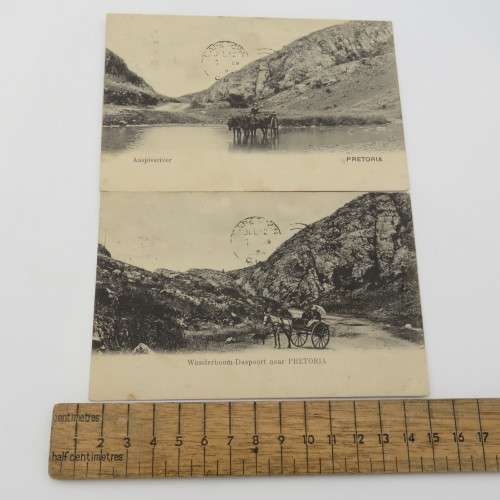 2 Similar Pretoria antique postcards Horsecarts at Daspoort and Aaspiesrivier (Wrong spelling)