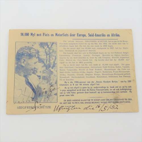 1952 - Singed card - Siegfried Schutze 96000 Miles by bike and motorbike through Europe