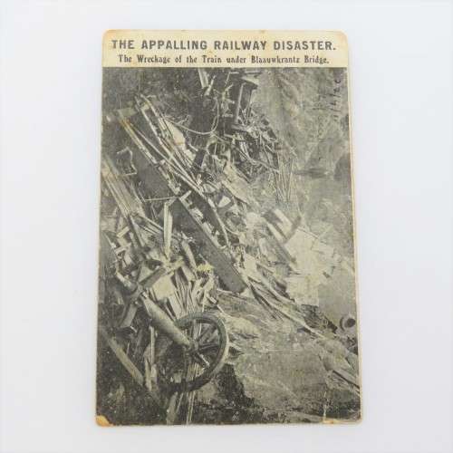 Early 1900`s postcard sent from England to South Africa circa 1911 of train wreck at Blaauwkrantz