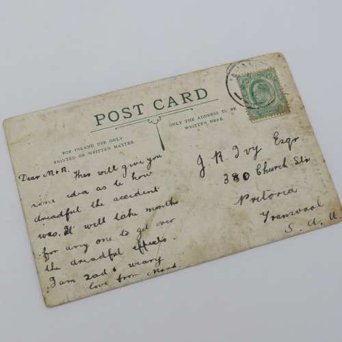 Early 1900`s postcard sent from England to South Africa circa 1911 of train wreck at Blaauwkrantz