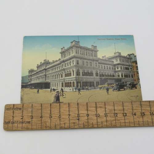 Antique color postcard showing the Cape Town Railway station - Early 1900`s - Unused