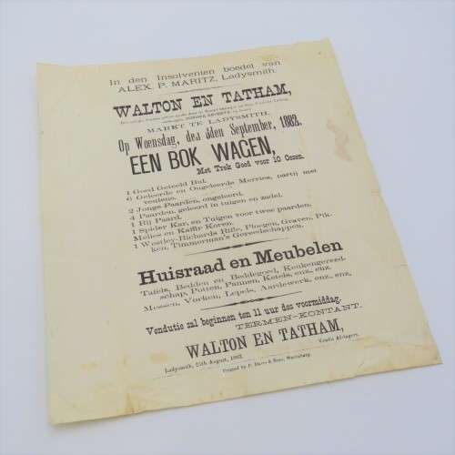 1882 Notice of Auction by Walton and Tatham - Ladysmith Natal