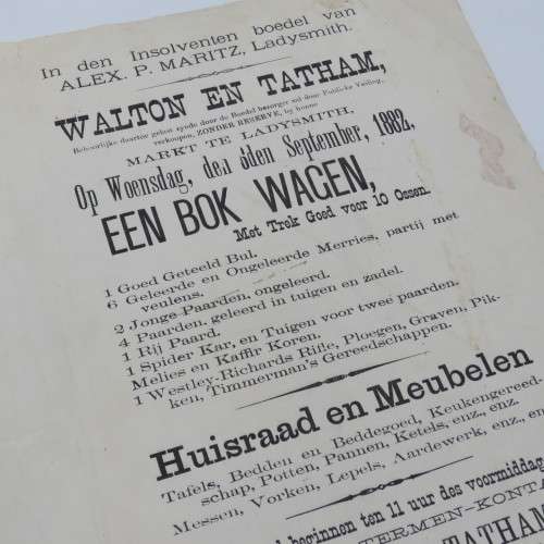 1882 Notice of Auction by Walton and Tatham - Ladysmith Natal