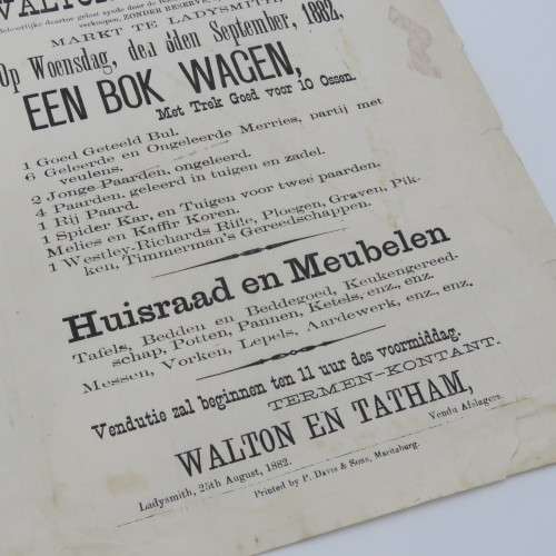 1882 Notice of Auction by Walton and Tatham - Ladysmith Natal
