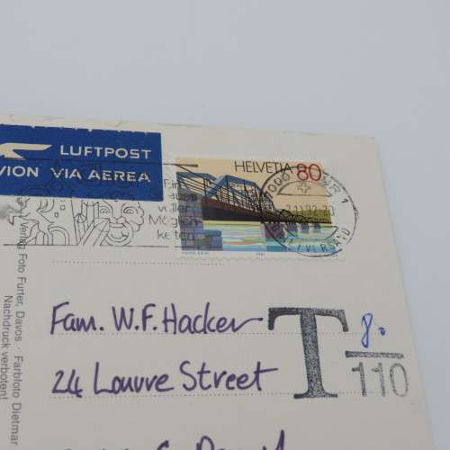 Postcard sent from Switzerland to South Africa - Taxed for insufficient postage