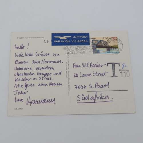 Postcard sent from Switzerland to South Africa - Taxed for insufficient postage