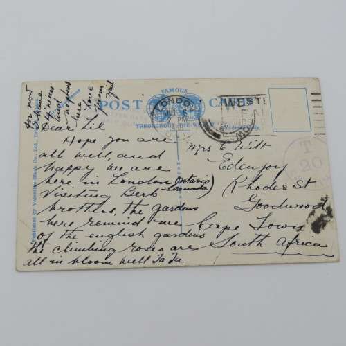 1938 Postcard posted from London, Canada to Goodwood, South Africa - Without stamp