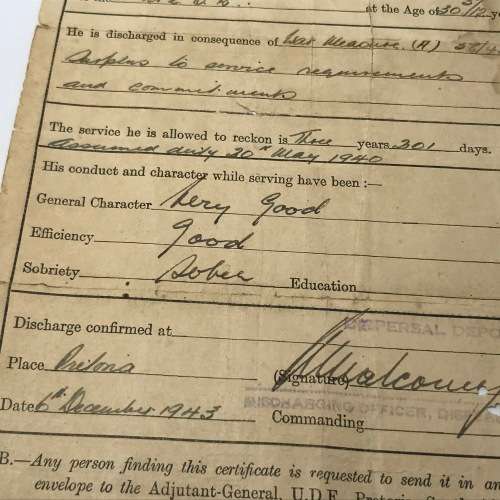 WW2 Military Discharge document of 75177 Robert Ayward Norris