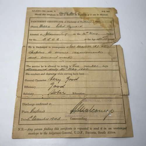 WW2 Military Discharge document of 75177 Robert Ayward Norris