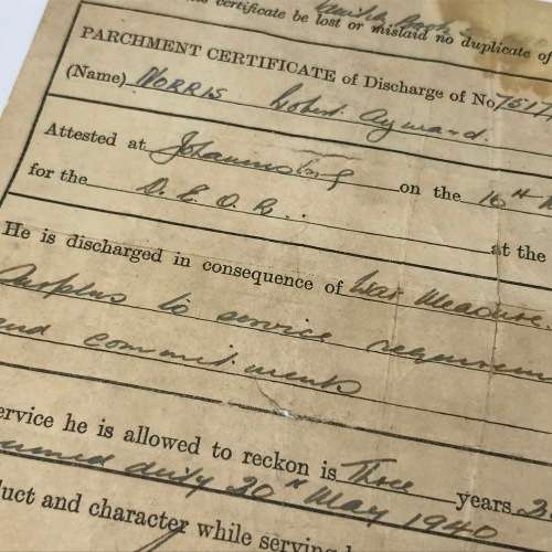 WW2 Military Discharge document of 75177 Robert Ayward Norris