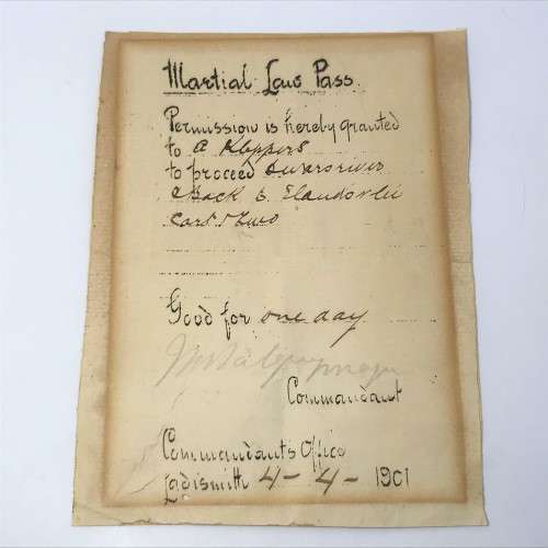Boer War Martial Law Pass to A Kloppers for travelling to Dwarsrevier and back to Elandsvlei - 1901
