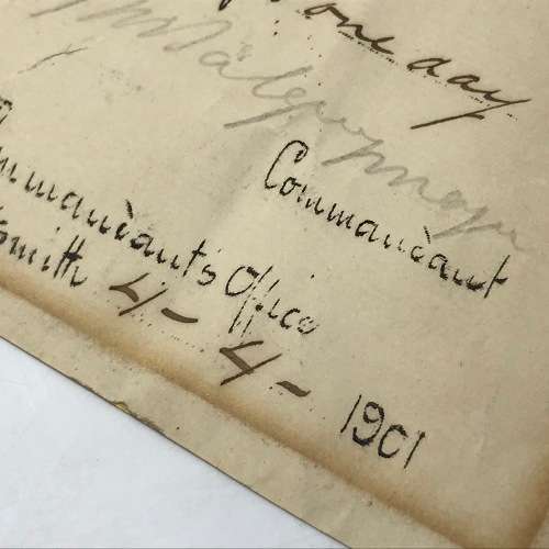 Boer War Martial Law Pass to A Kloppers for travelling to Dwarsrevier and back to Elandsvlei - 1901