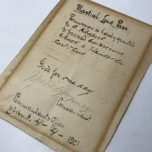 Boer War Martial Law Pass to A Kloppers for travelling to Dwarsrevier and back to Elandsvlei - 1901