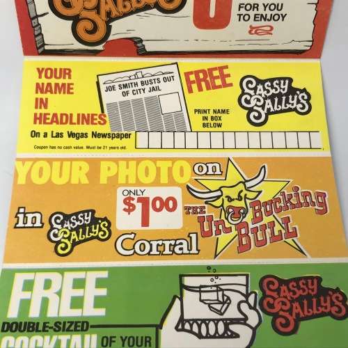 Sassy Sally`s Las Vegas pamphlet with 5 coupons and ticket stubs