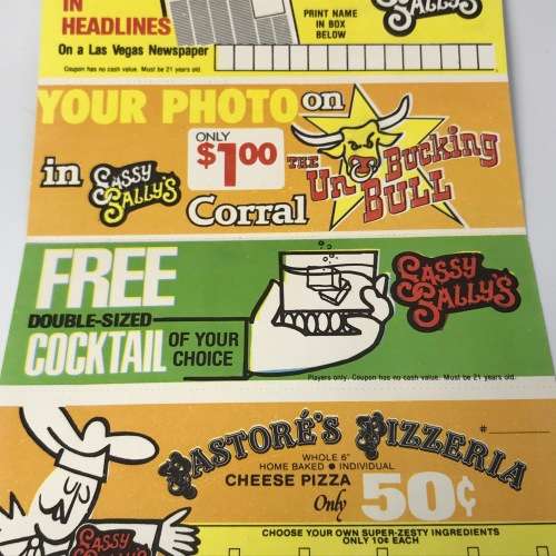 Sassy Sally`s Las Vegas pamphlet with 5 coupons and ticket stubs