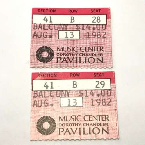 2 Balcony ticket stubs for the Music Center at the Dorothy Chandler Pavilion - 13 Aug 1982 $14 each