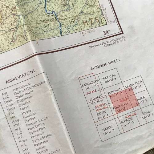 Vintage map of Nyeri Kenya - reprinted by War Office 1955 - East Africa 1:250000 - 80 x 68cm