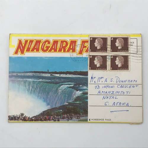 Views of Niagara falls fold out post card with 4 Canada 1 pence stamps cancelled 1964 Niagara Falls