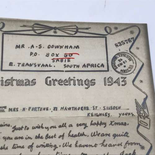 1942 WW2 Airgraph letter - redirected Sabie to Pelgrims Rest