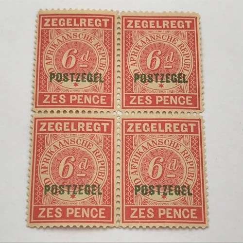 ZAR Transvaal 1895 - Fiscal stamp Postzegel 6d bright rose U.M selection of 20 stamps (SACC 221)