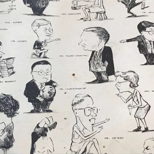 Tony Grogan caricatures of Victoria Park Staff 1963 - original sketch/painting of Gene Rockwell