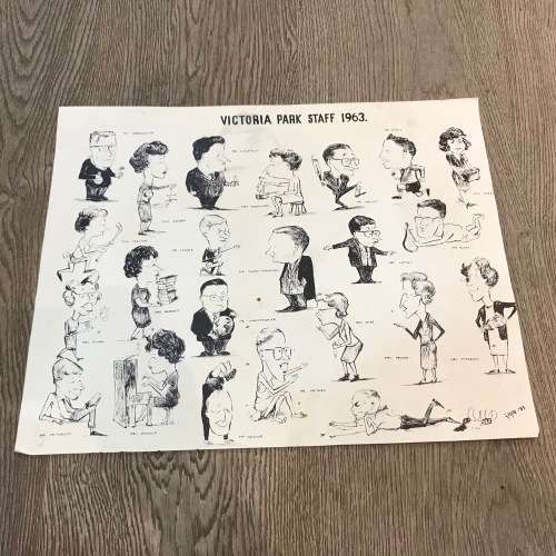 Tony Grogan caricatures of Victoria Park Staff 1963 - original sketch/painting of Gene Rockwell