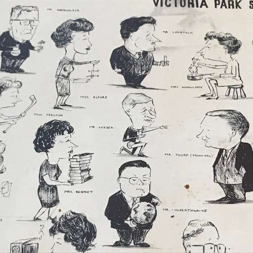 Tony Grogan caricatures of Victoria Park Staff 1963 - original sketch/painting of Gene Rockwell