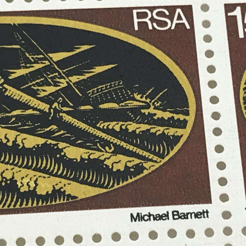 SACC 346 - Rescue by Wolraad Woltemade block of 6 x 15c stamps with downward shift of black printing