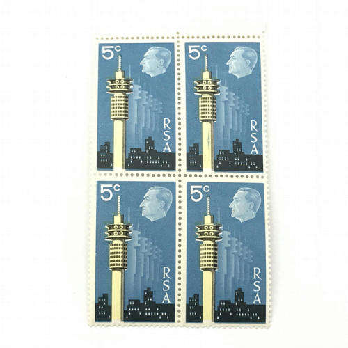 SACC 308 Strijdom Tower block of 4 x 5c stamps with black printing shifted upwards
