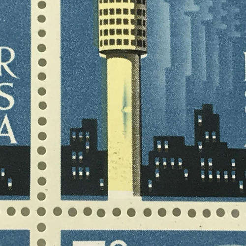 SACC 308 Strijdom Tower block of 4 x 5c stamps with black printing shifted upwards