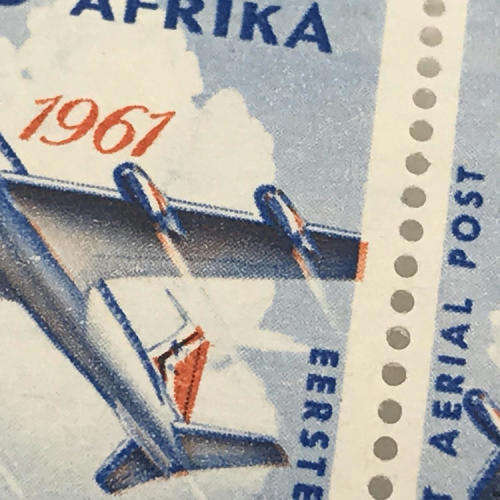 SACC 219 Anniversary of first SA flight - block of 6 stamps, all with large shift of orange printing